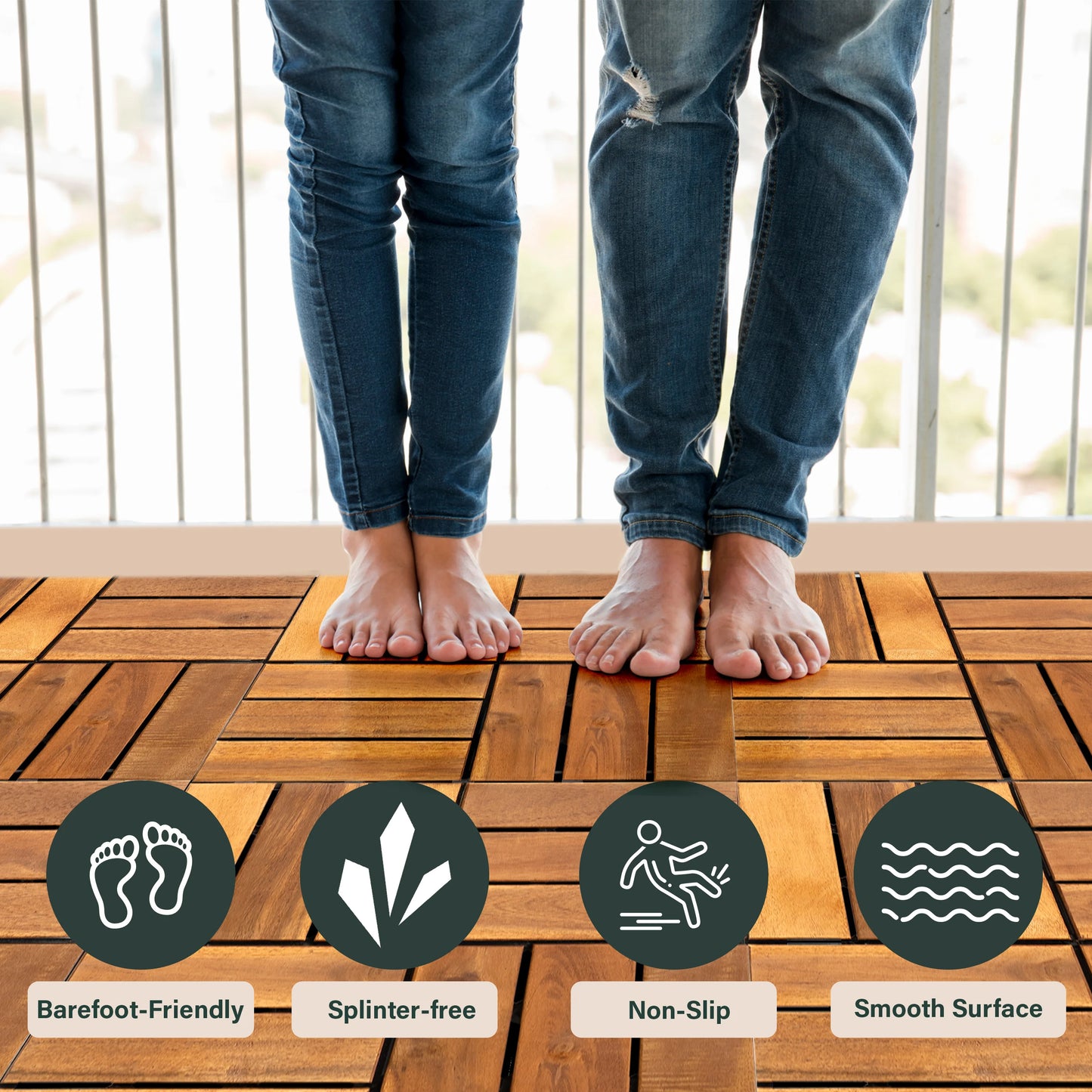Interlocking Acacia Wood Decking Tiles 6-Pack 12x12in for Outdoor Patio Garden Floor