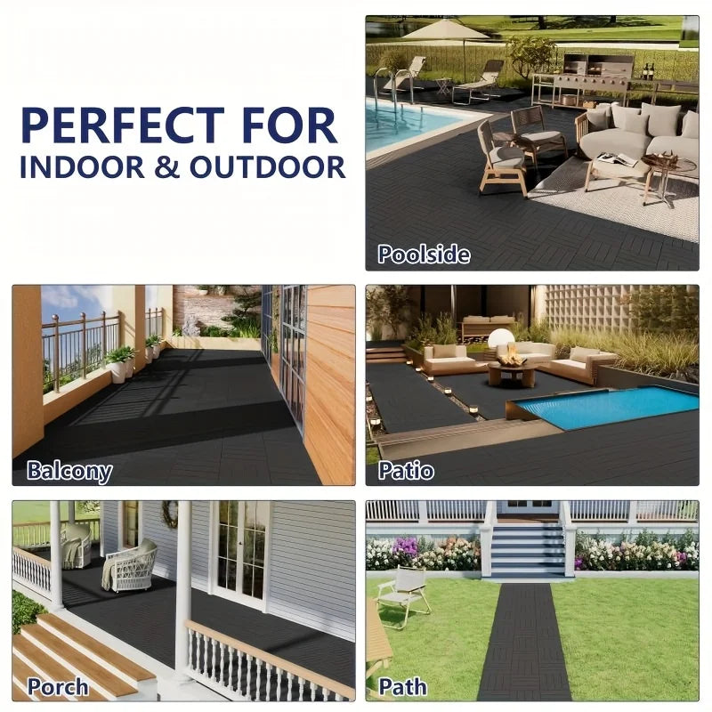 Interlocking Imitation Wood Grain Flooring Tiles 11-Pack 12x12in Non-Slip with Drainage System Dark Grey