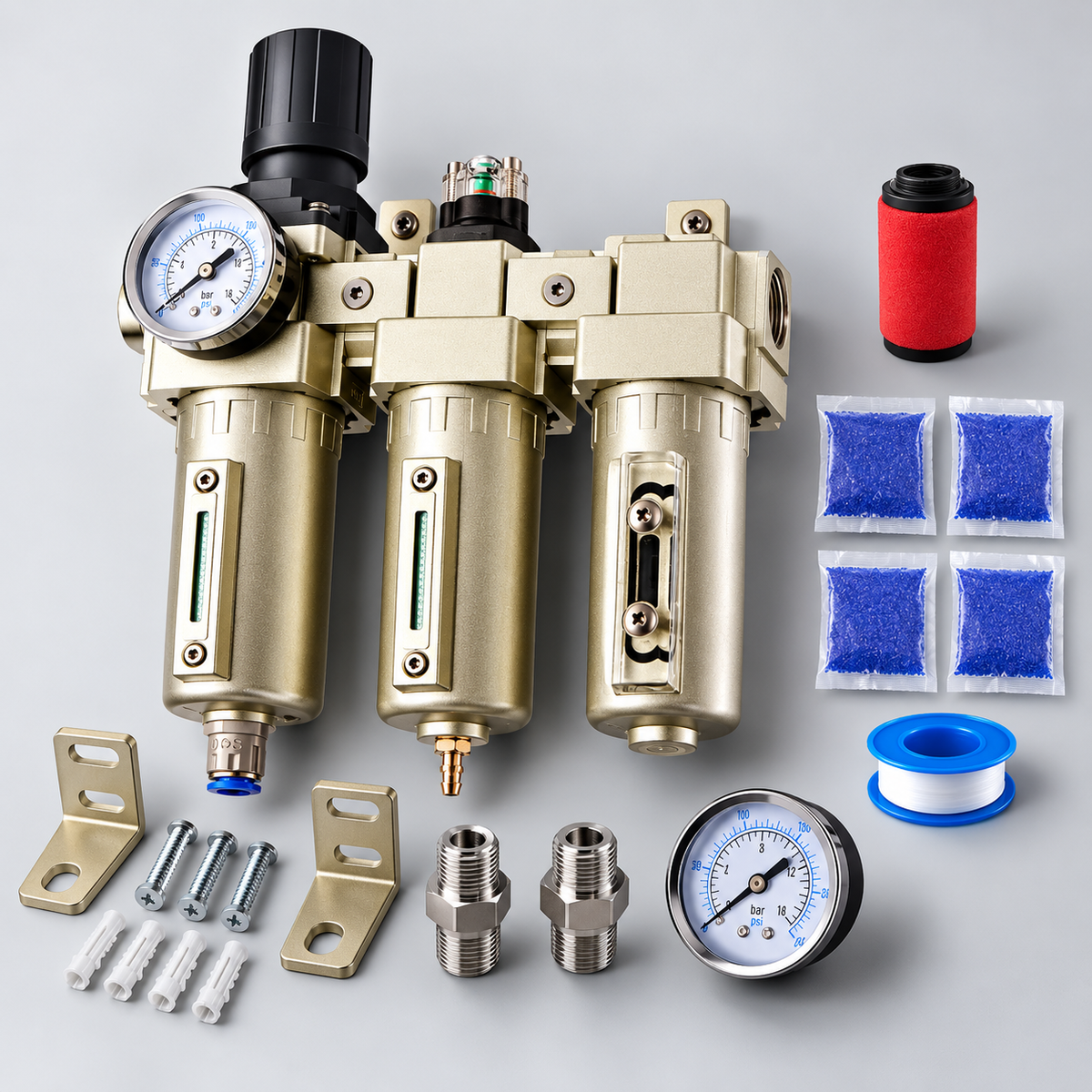 Filter unit with fittings and spares – AirPure 3 Three-Stage Compressed Air Filter & Dryer