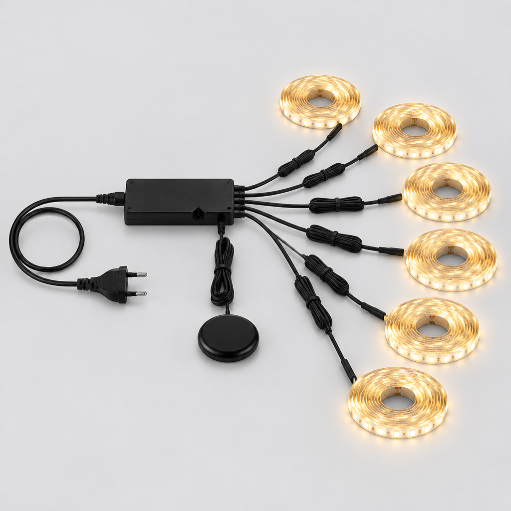 12V LED strip kit: power adapter (EU plug), six-way splitter, six strips and touch dimmer