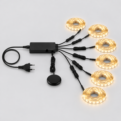 12V LED strip kit: power adapter (EU plug), six-way splitter, six strips and touch dimmer
