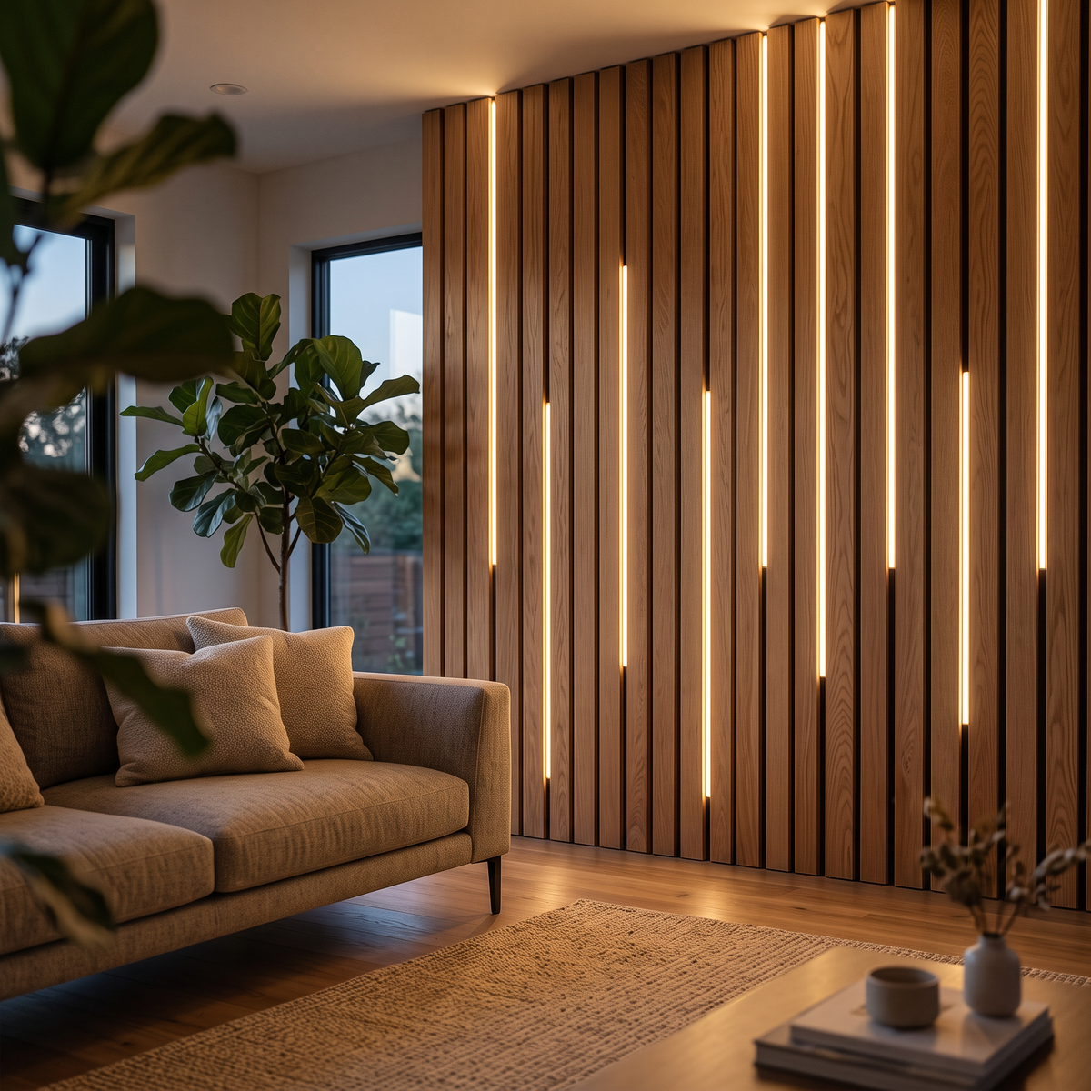 Warm-white LED strips glowing between acoustic wall panels