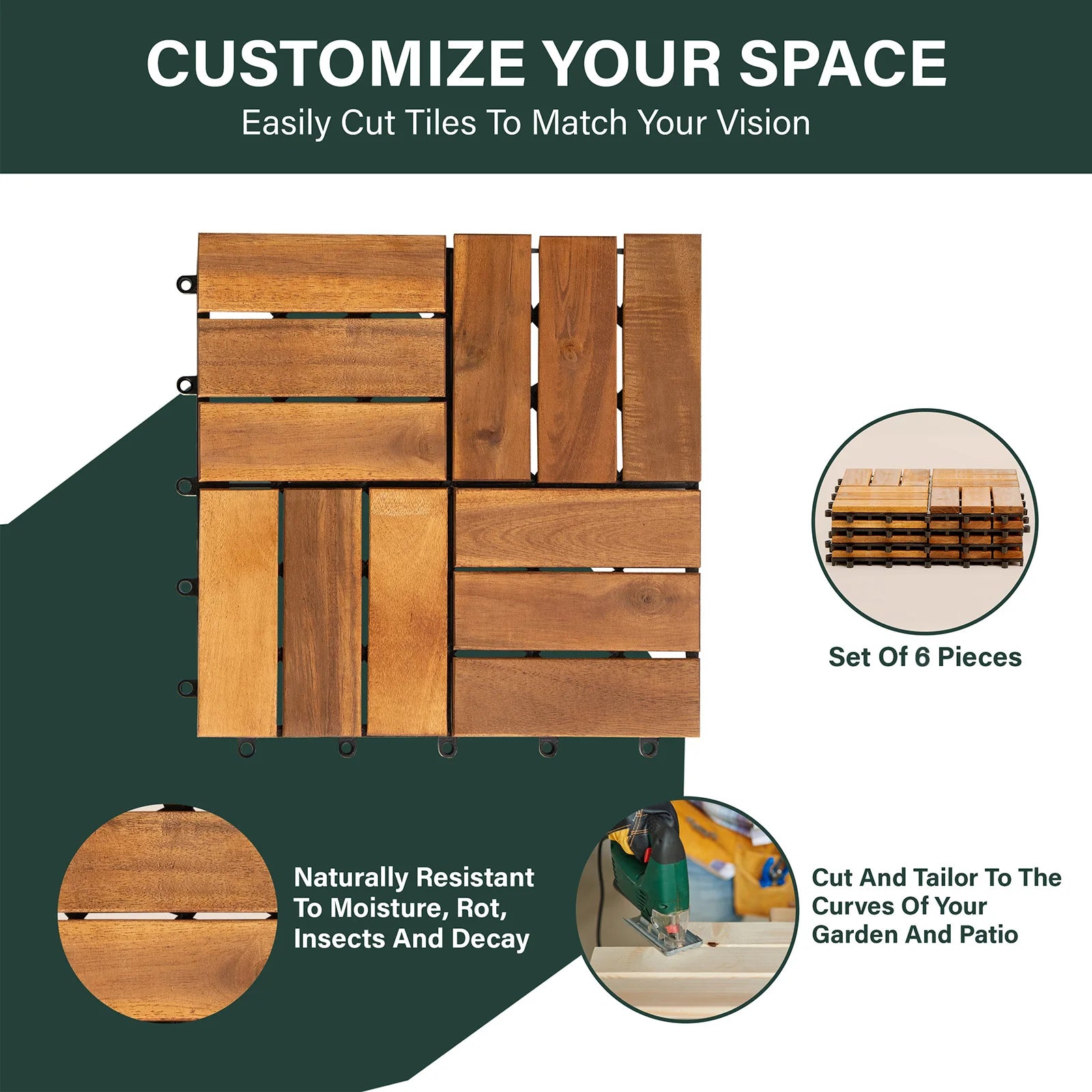 Interlocking Acacia Wood Decking Tiles 6-Pack 12x12in for Outdoor Patio Garden Floor