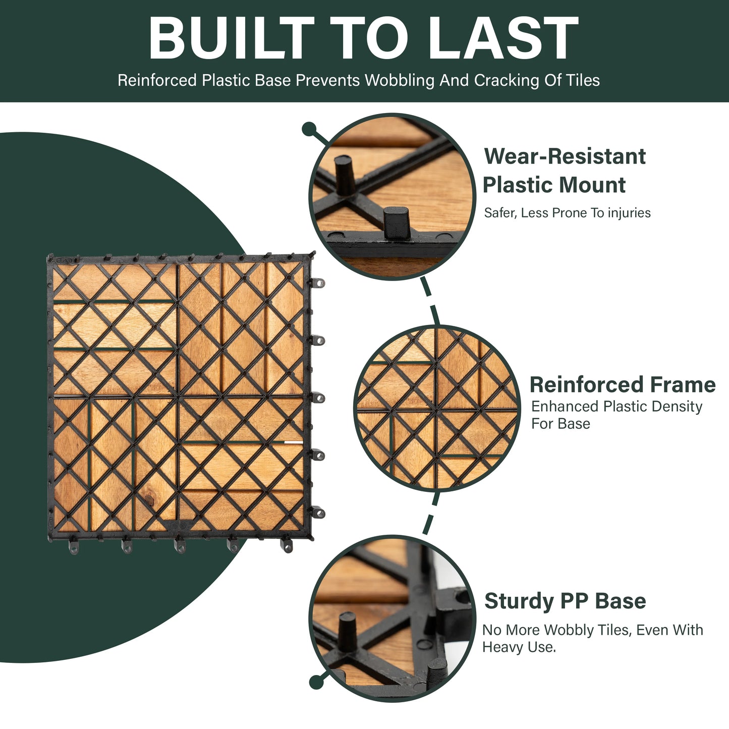 Interlocking Acacia Wood Decking Tiles 6-Pack 12x12in for Outdoor Patio Garden Floor