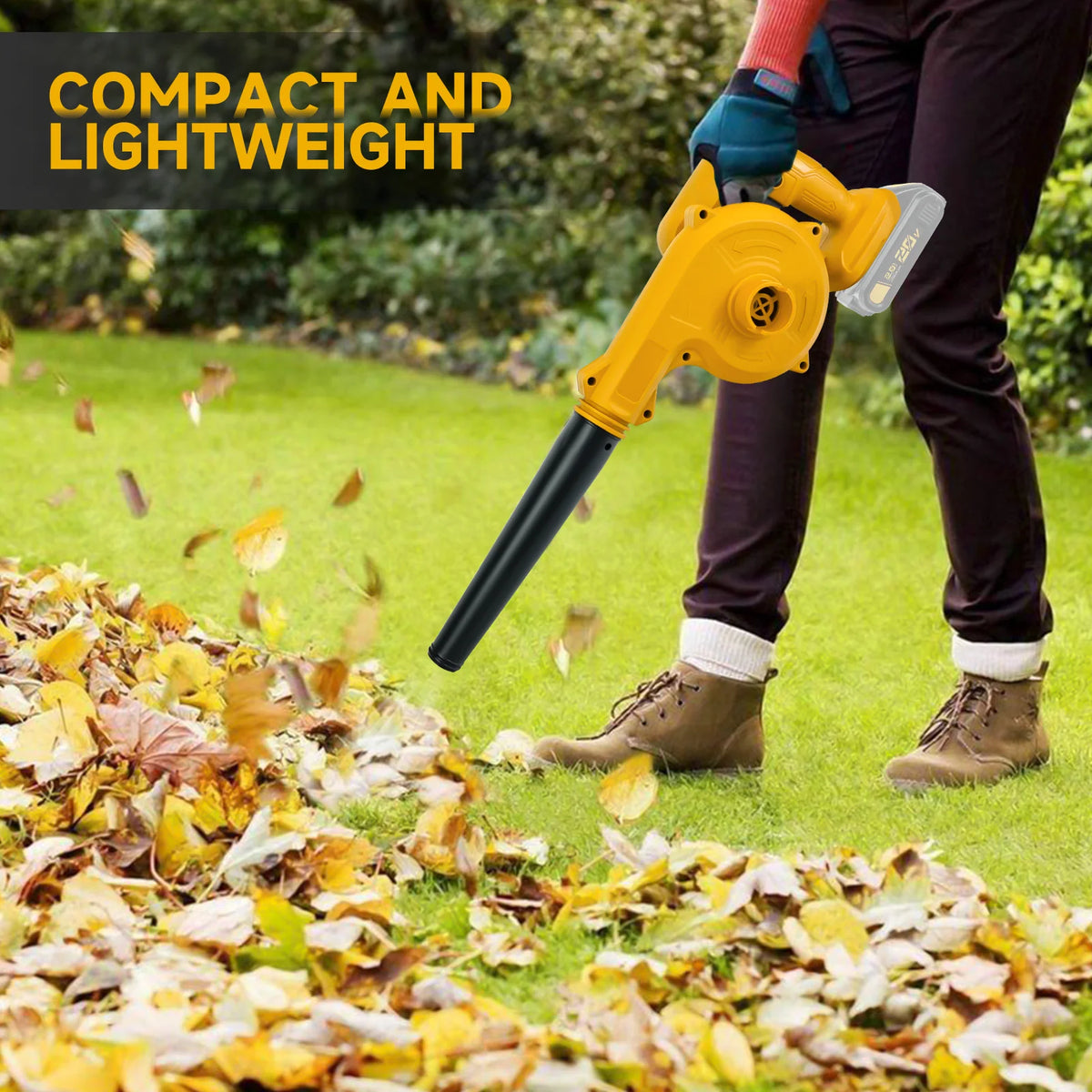 Clearing leaves on a lawn – DeWalt-compatible