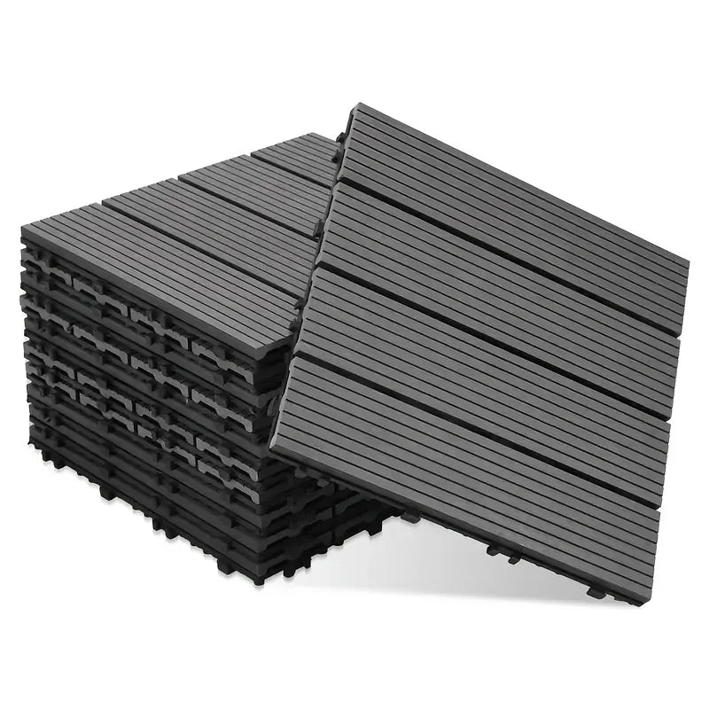 Interlocking Imitation Wood Grain Flooring Tiles 11-Pack 12x12in Non-Slip with Drainage System Dark Grey