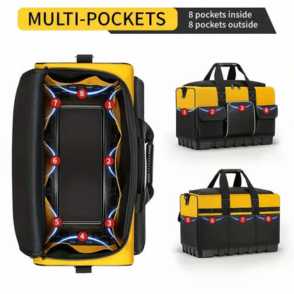 8 inside and 8 outside pockets – Wide Mouth Tool Bag with Moulded Base, 16in/20in