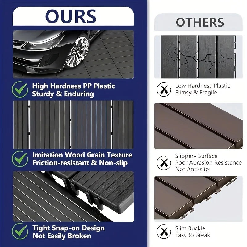 Interlocking Imitation Wood Grain Flooring Tiles 11-Pack 12x12in Non-Slip with Drainage System Dark Grey