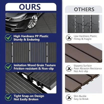 Interlocking Imitation Wood Grain Flooring Tiles 11-Pack 12x12in Non-Slip with Drainage System Dark Grey