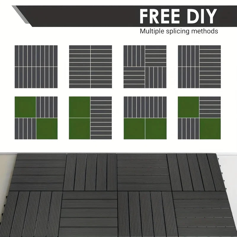 Interlocking Imitation Wood Grain Flooring Tiles 11-Pack 12x12in Non-Slip with Drainage System Dark Grey