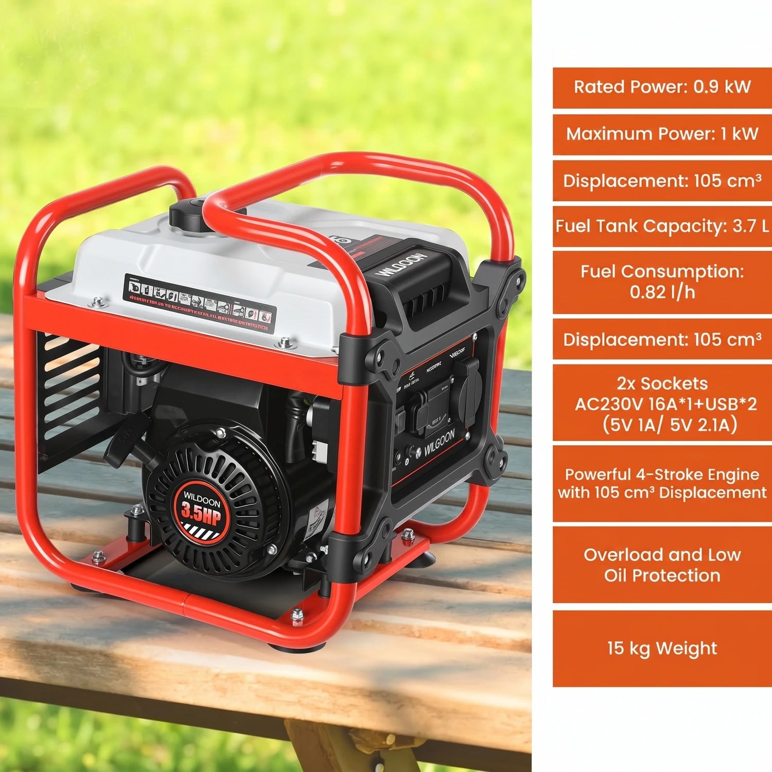 1000W Portable Inverter Generator 105cc 4-Stroke Gasoline 230V AC USB for Camping Motorhome
