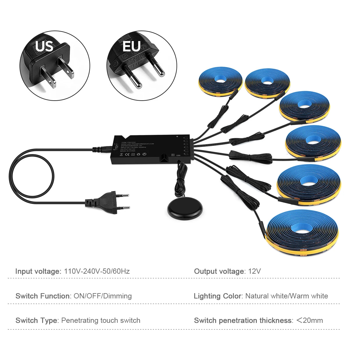 12V COB LED Strip Light Kit with Touch Dimmer for Acoustic Wall Panels