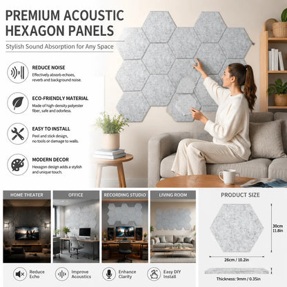 Self-Adhesive Hexagon Acoustic Foam Wall Panels 18-Pack Sound Insulation for Studio Office