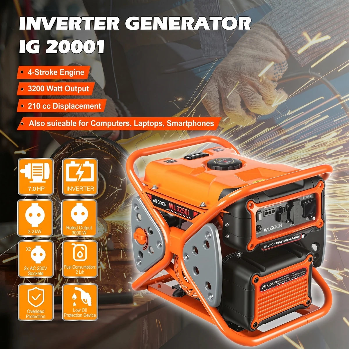 Generator features – 3200W Open-Frame Petrol Generator, 210cc