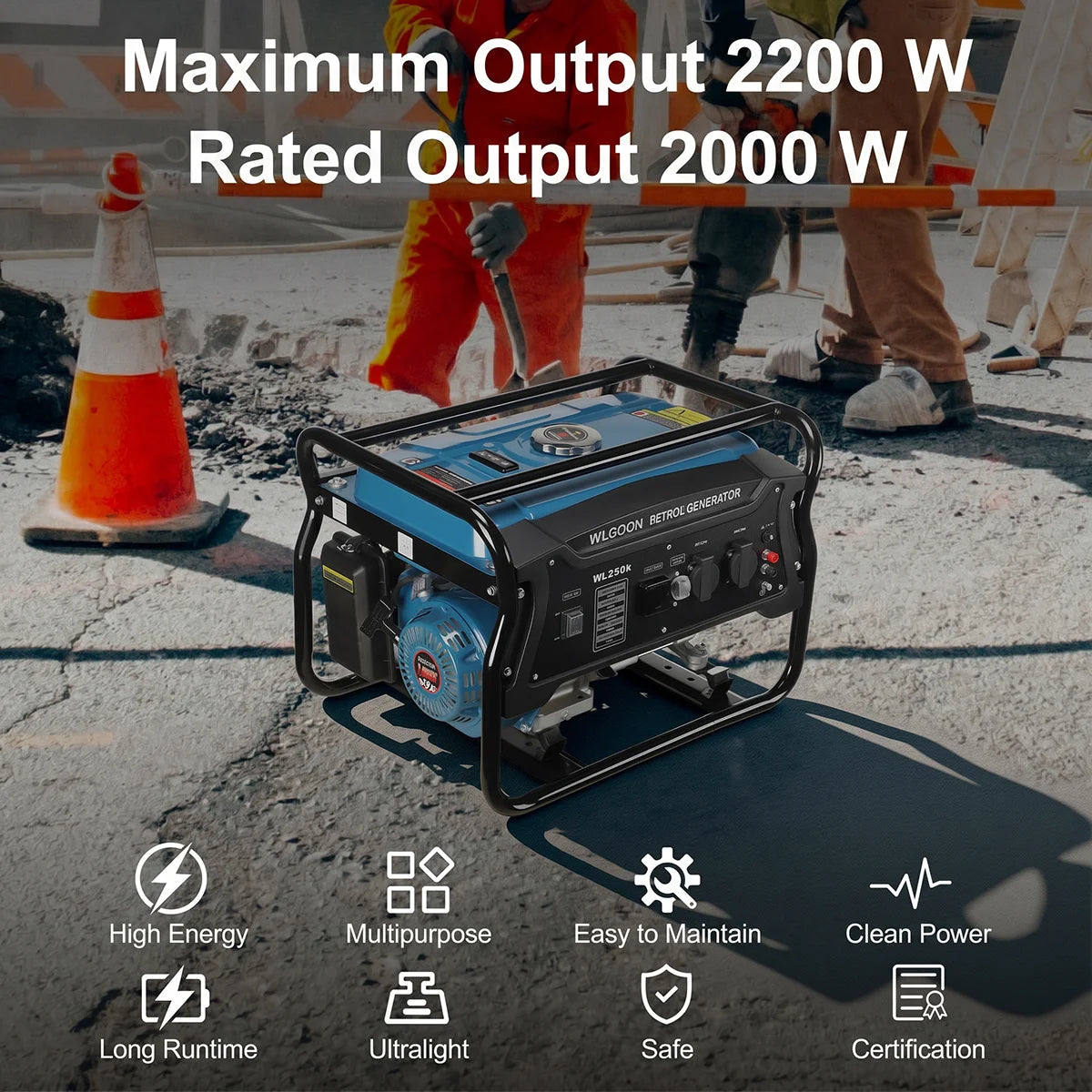 2200W 15L Open-Rack Gasoline Generator 7.0HP 196CC Four-Stroke Air-Cooled Single-Cylinder with Overload Protection for Camping RVs Workshops Garages Construction Sites