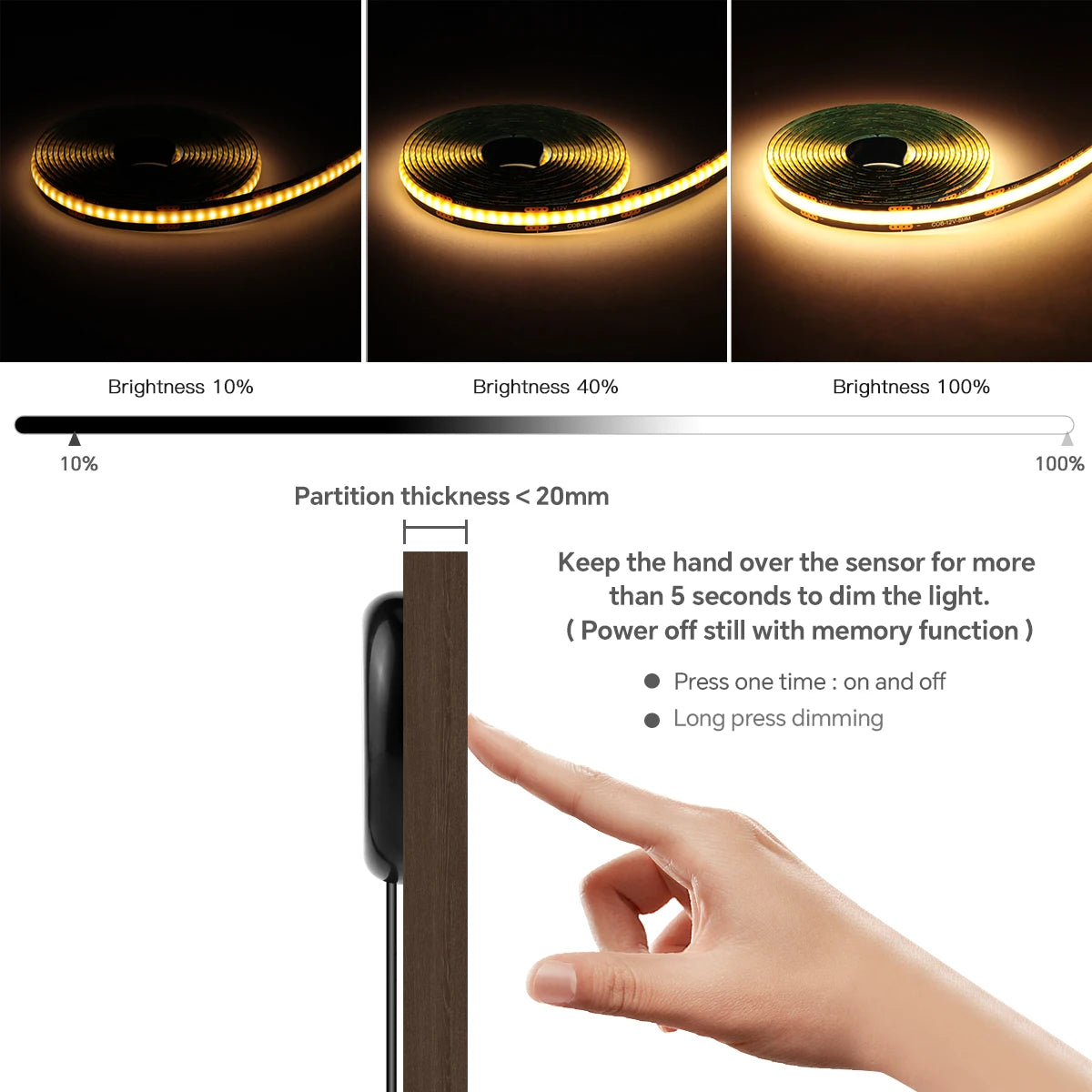 12V COB LED Strip Light Kit with Touch Dimmer for Acoustic Wall Panels