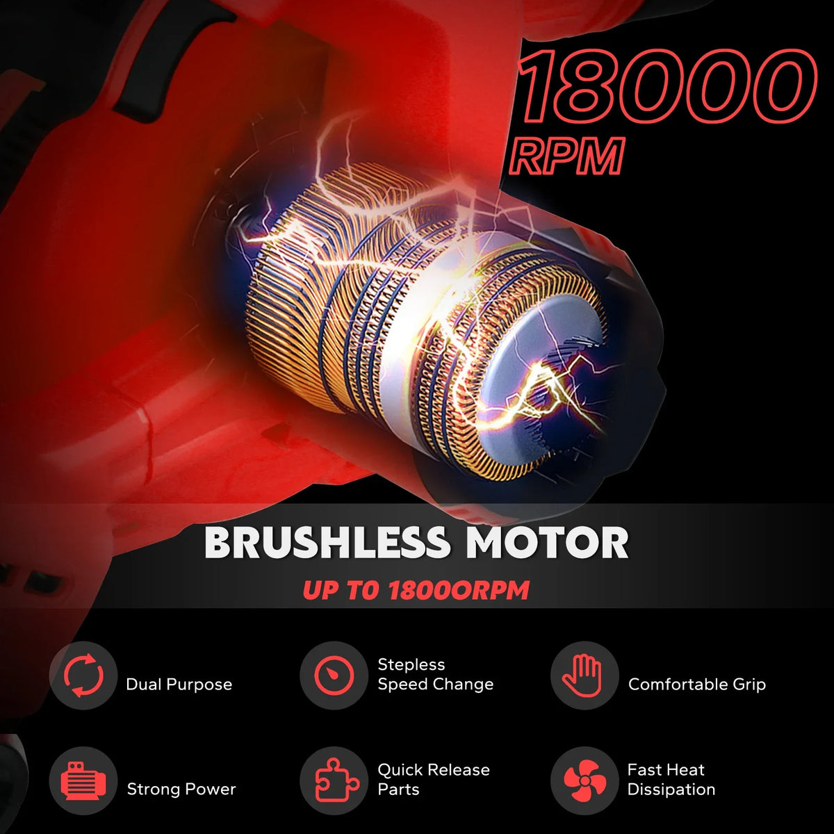 Brushless motor up to 18,000 RPM – Milwaukee-compatible
