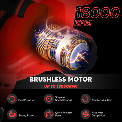 Brushless motor up to 18,000 RPM – Milwaukee-compatible