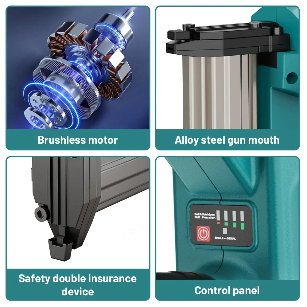 Brushless motor, steel nose, safety and control panel – Makita-compatible