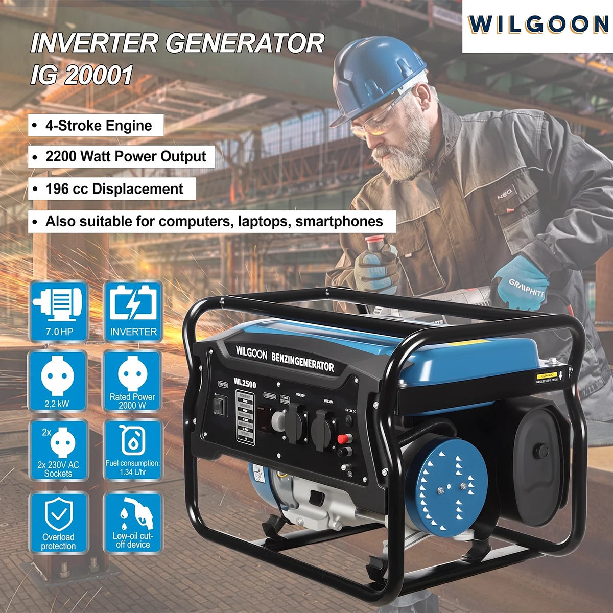 2200W 15L Open-Rack Gasoline Generator 7.0HP 196CC Four-Stroke Air-Cooled Single-Cylinder with Overload Protection for Camping RVs Workshops Garages Construction Sites