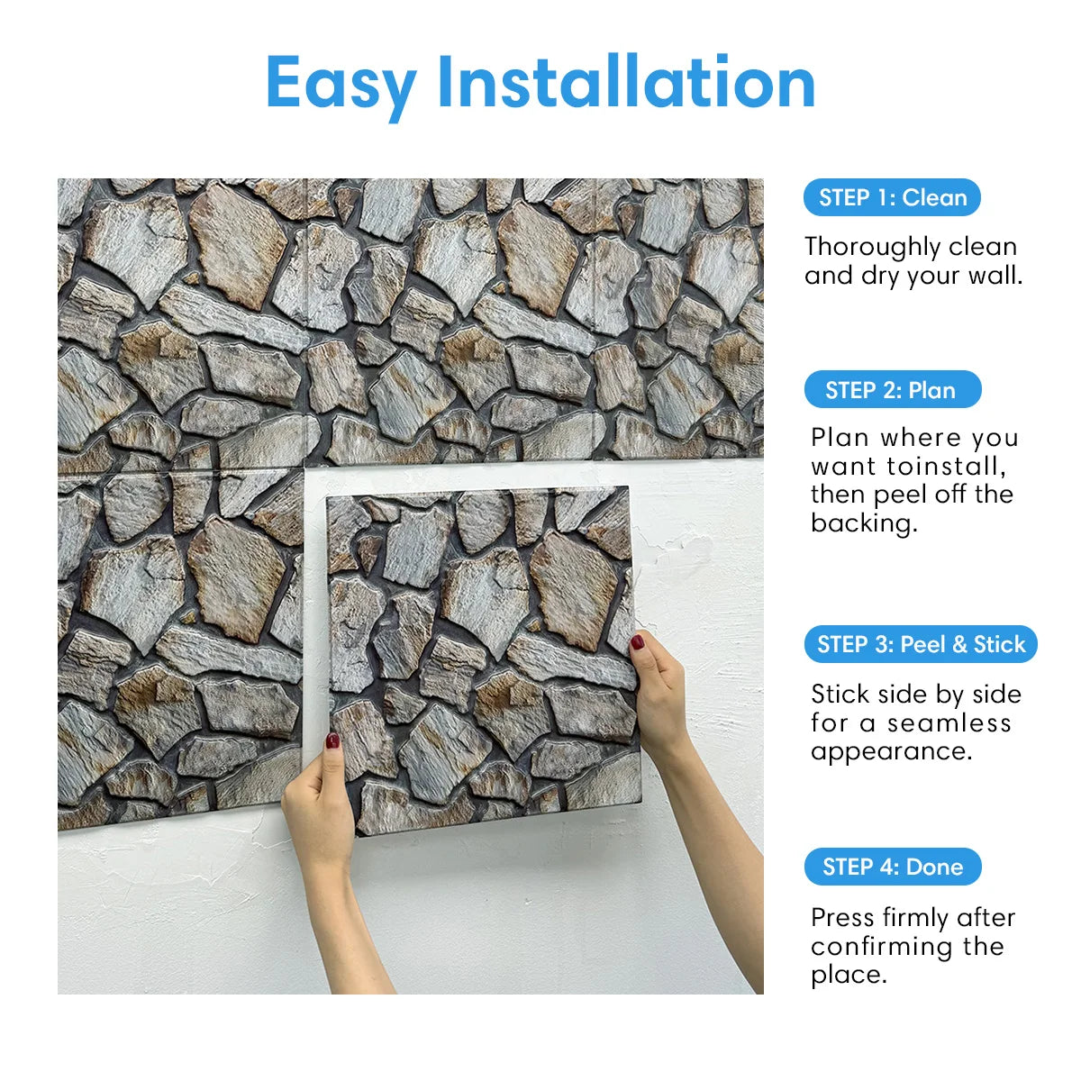 3D Faux Stone Self-Adhesive Wall Panels 10-20 Pack 9.7sqft Grey