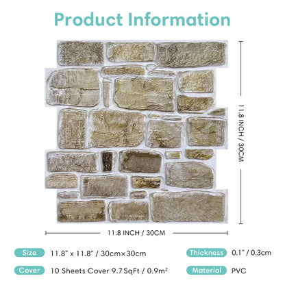 3D Faux Stone Self-Adhesive Wall Panels 10-Pack 9.7sqft Vintage Style