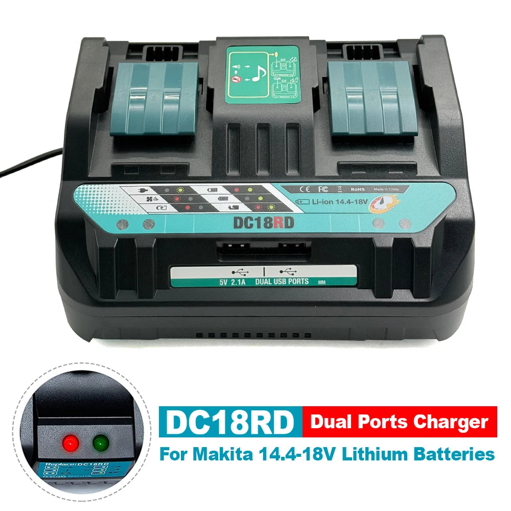 Dual-Port Rapid Battery Charger for Makita 14.4-18V Lithium Batteries DC18RD