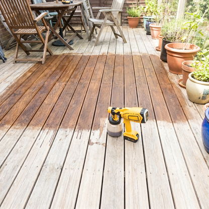 Sprayer on a stained timber deck – DeWalt-compatible