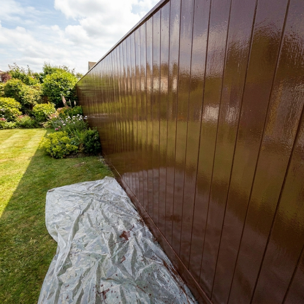 Freshly sprayed dark wood fence – DeWalt-compatible
