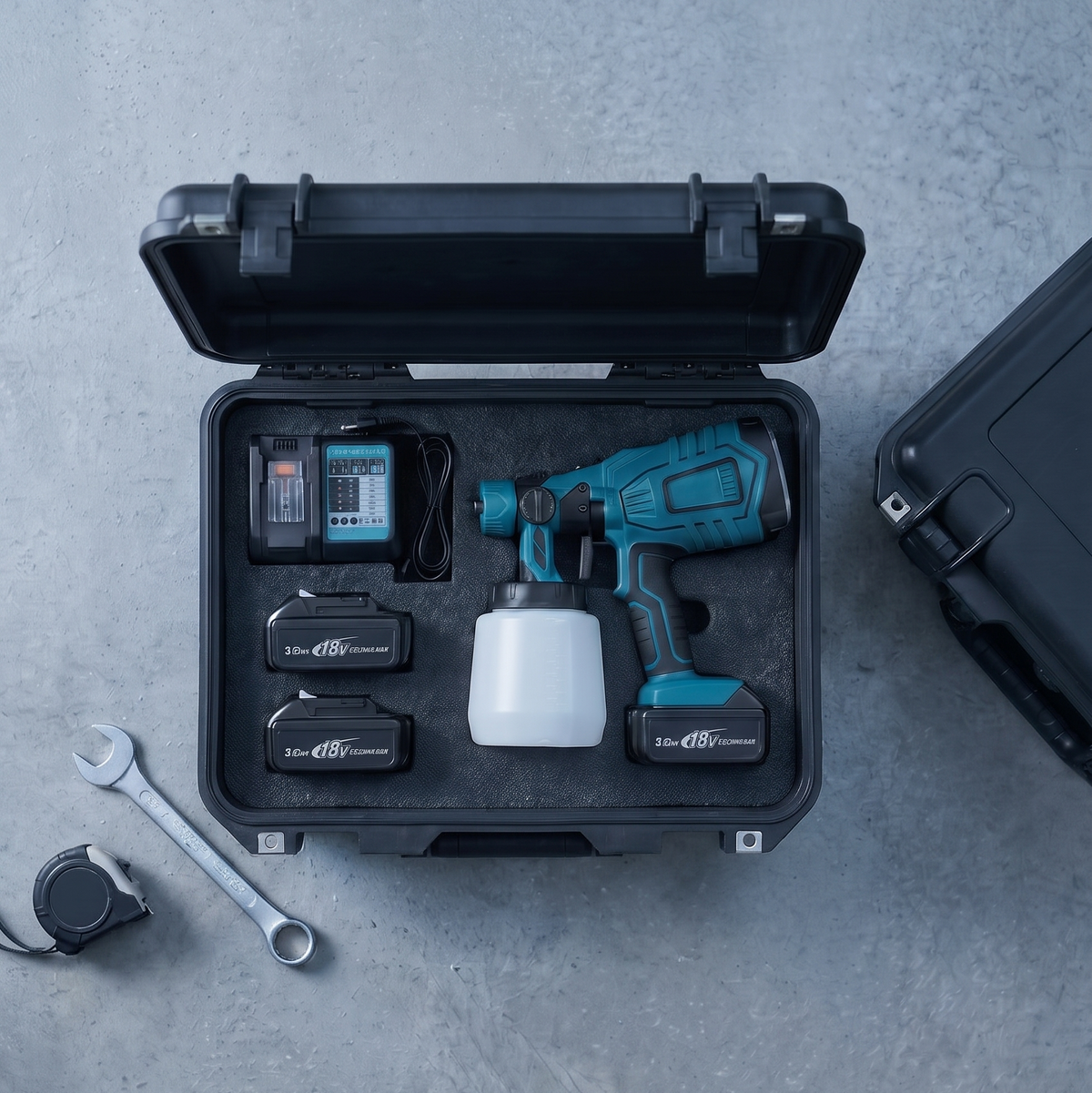 Hard case with a paint sprayer and batteries in foam – Waterproof Hard Tool Case with Pre-Cut Foam