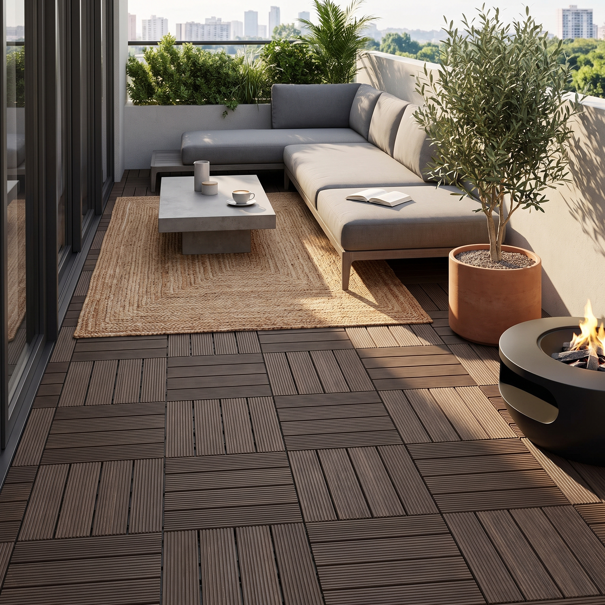 Interlocking Solid Wood Decking Tiles 27-Pack 30x30cm for Patio Balcony Hot Tub Charcoal Grey