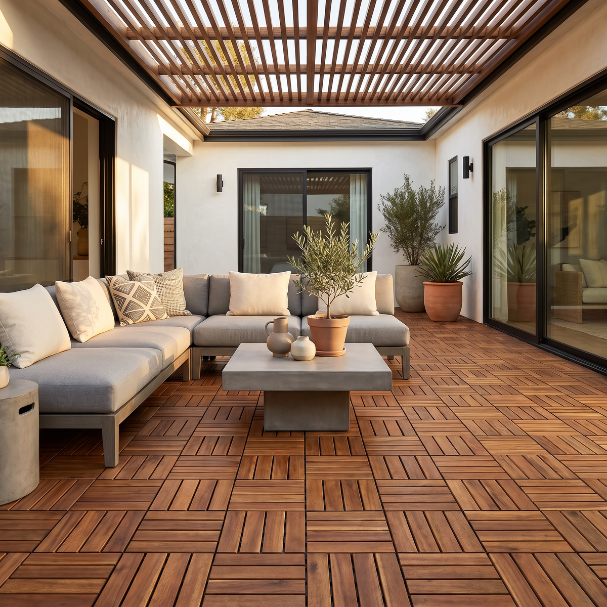 Interlocking Acacia Wood Decking Tiles 6-Pack 12x12in for Outdoor Patio Garden Floor