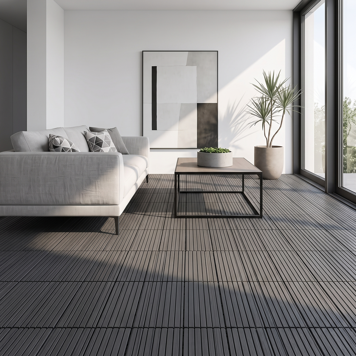 Interlocking Imitation Wood Grain Flooring Tiles 11-Pack 12x12in Non-Slip with Drainage System Dark Grey
