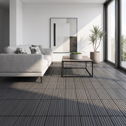Interlocking Imitation Wood Grain Flooring Tiles 11-Pack 12x12in Non-Slip with Drainage System Dark Grey