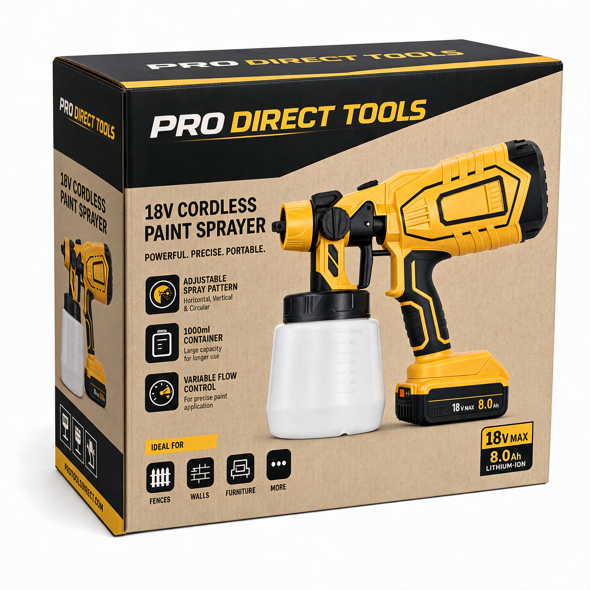 Cordless paint sprayer and retail box – DeWalt-compatible