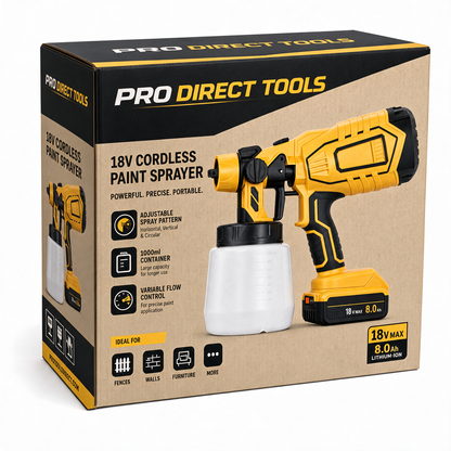 Cordless paint sprayer and retail box – DeWalt-compatible