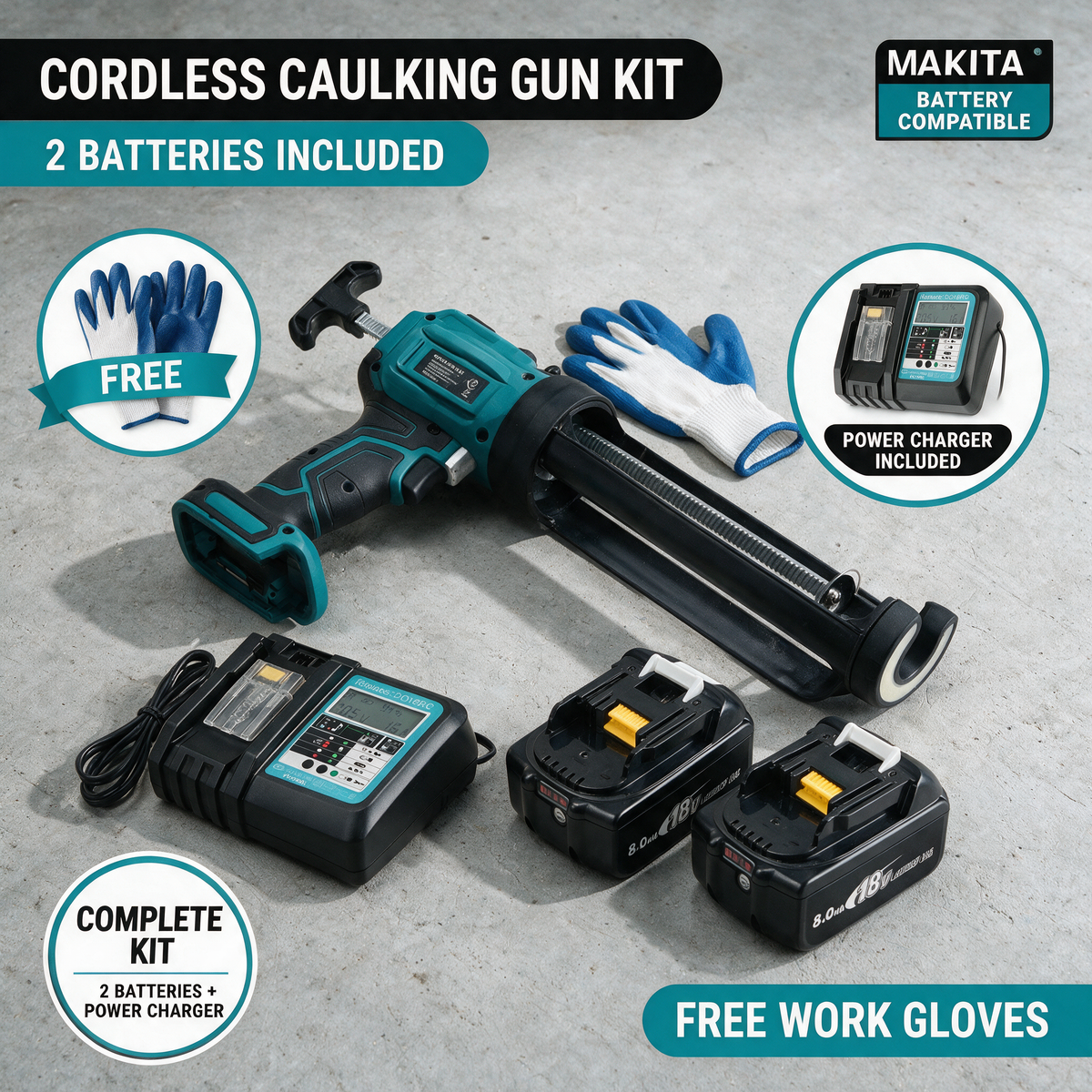 Makita-compatible caulking gun kit with 2 batteries, charger and gloves
