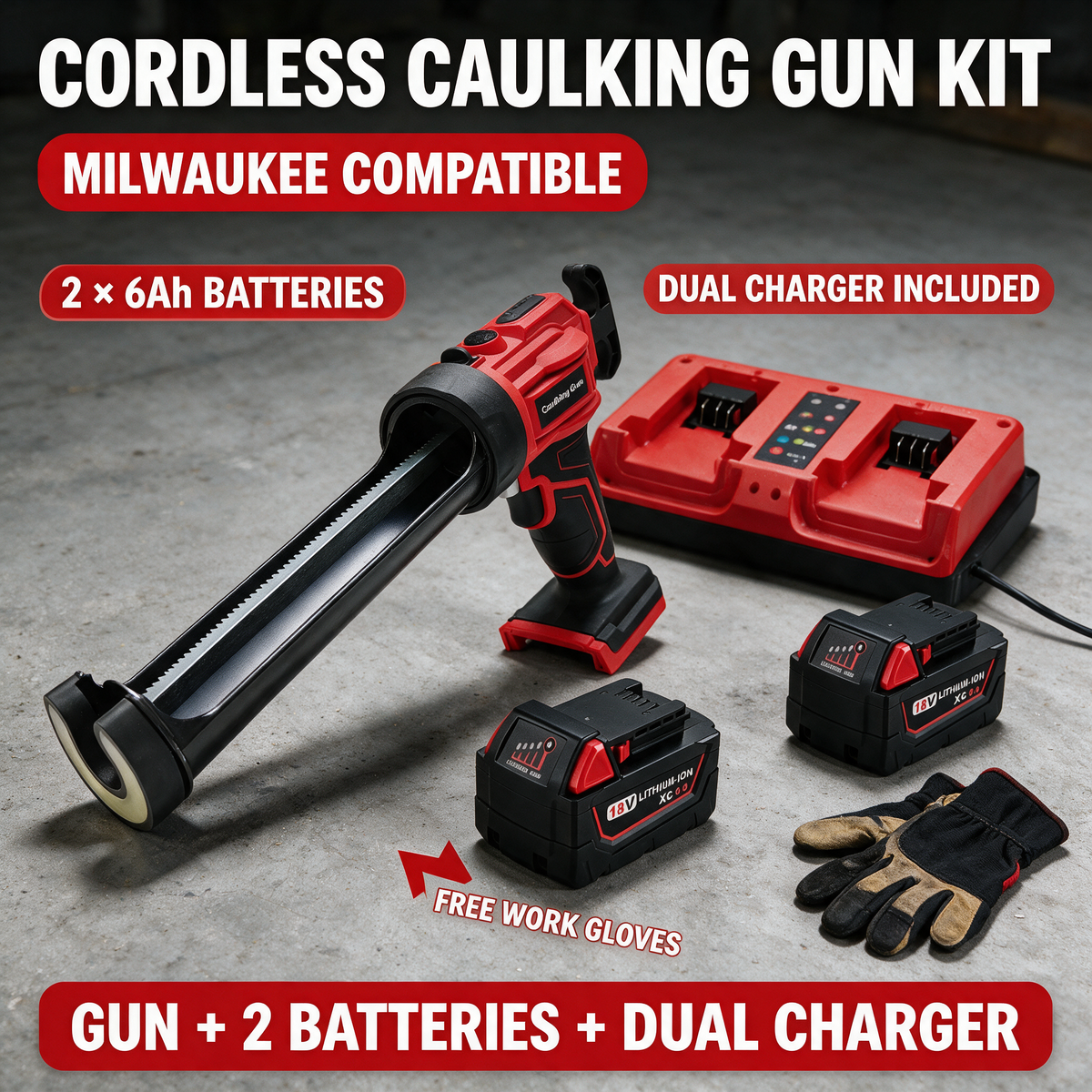 Milwaukee-compatible caulking gun kit with 2 batteries and dual charger