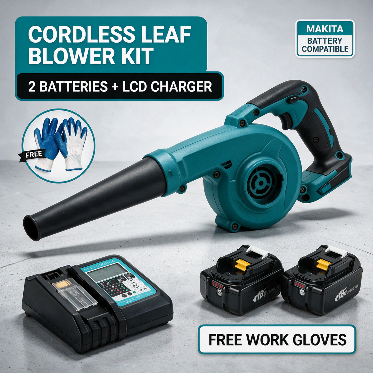 Makita-compatible blower kit with 2 batteries and LCD charger