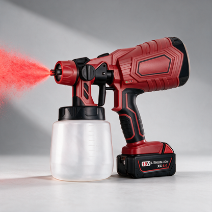 Paint sprayer with battery, spraying red – Milwaukee-compatible