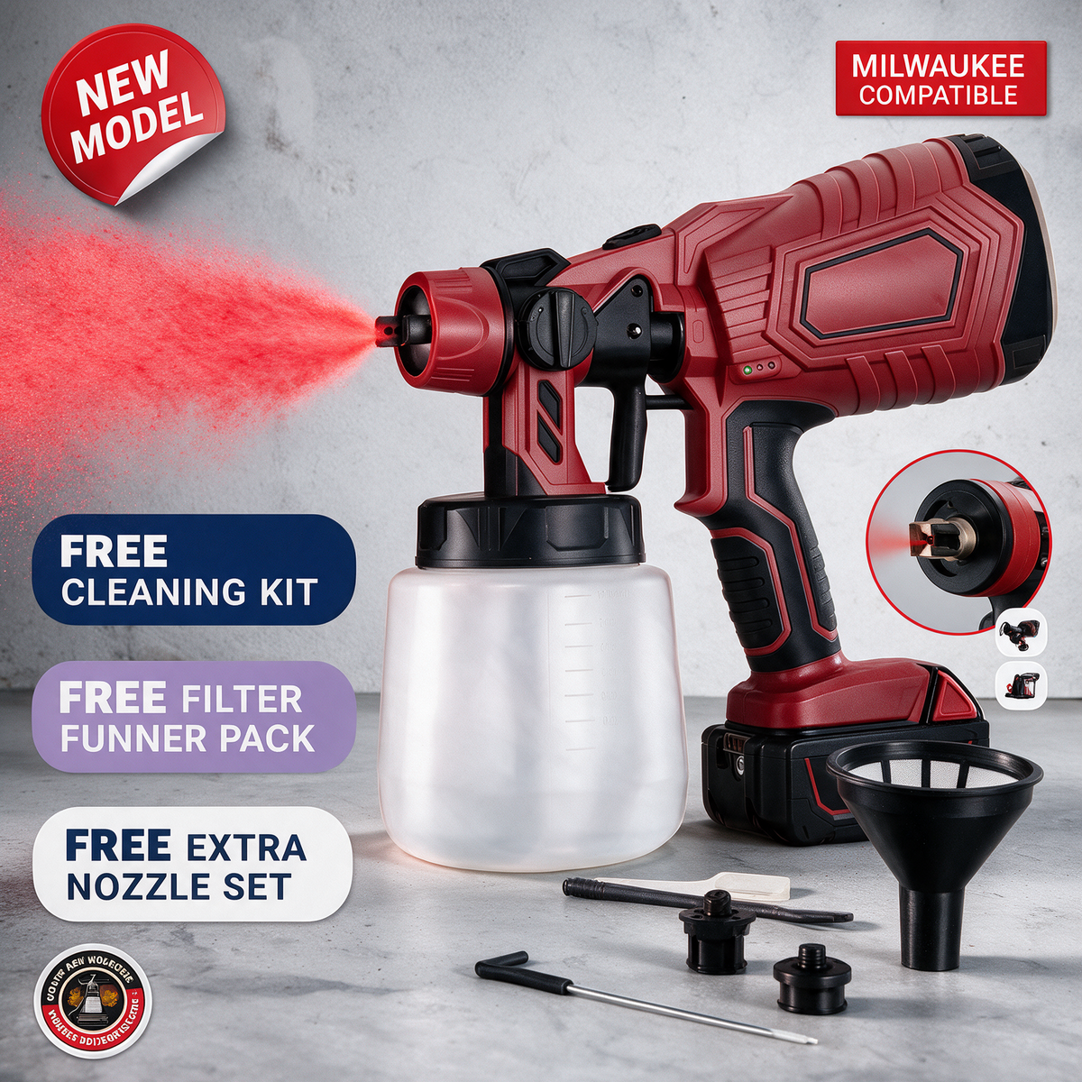 Milwaukee-compatible paint sprayer with cleaning kit and filter funnel