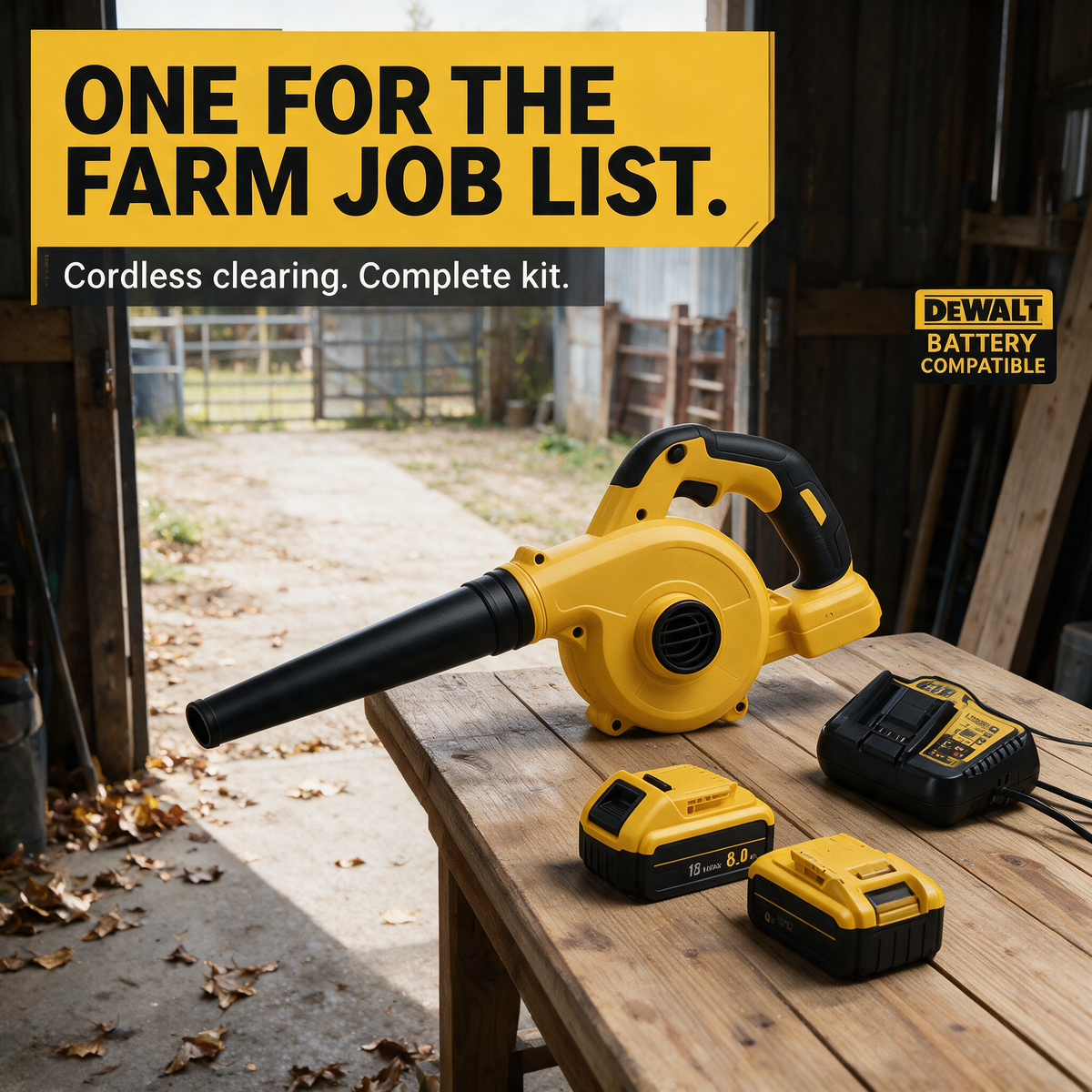 Blower kit on a farm workbench – DeWalt-compatible
