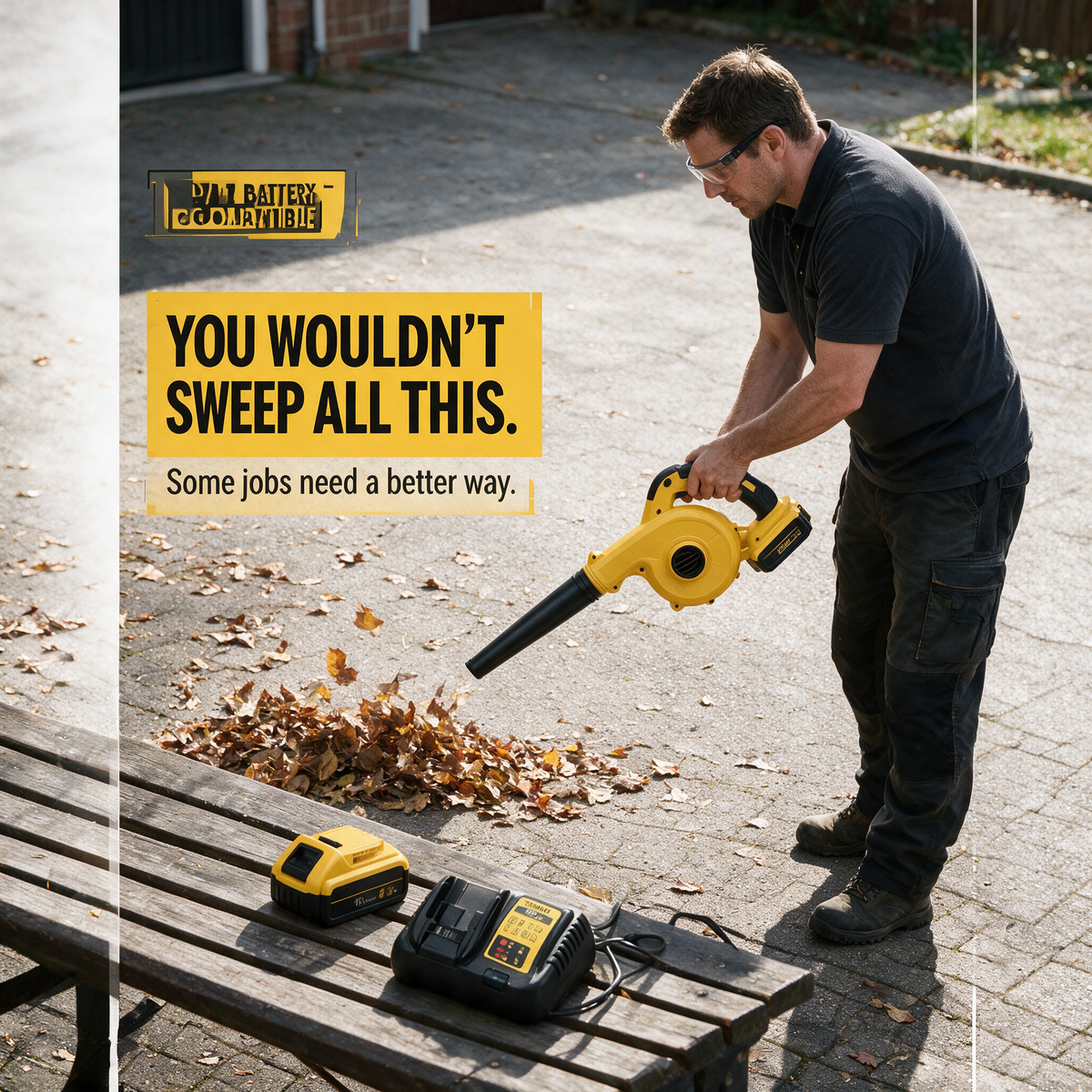 Blowing leaves off a patio – DeWalt-compatible