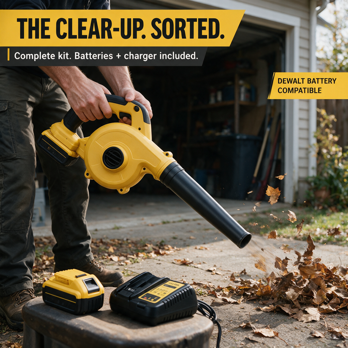 Clearing leaves at a garage – DeWalt-compatible