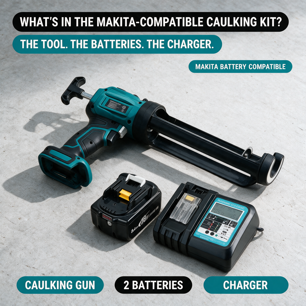 Caulking gun, 2 batteries and charger – Makita-compatible