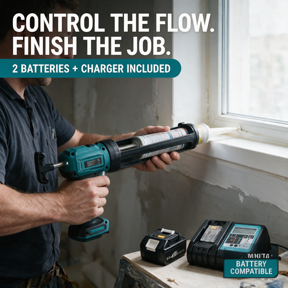 Sealing a window, battery and charger beside – Makita-compatible
