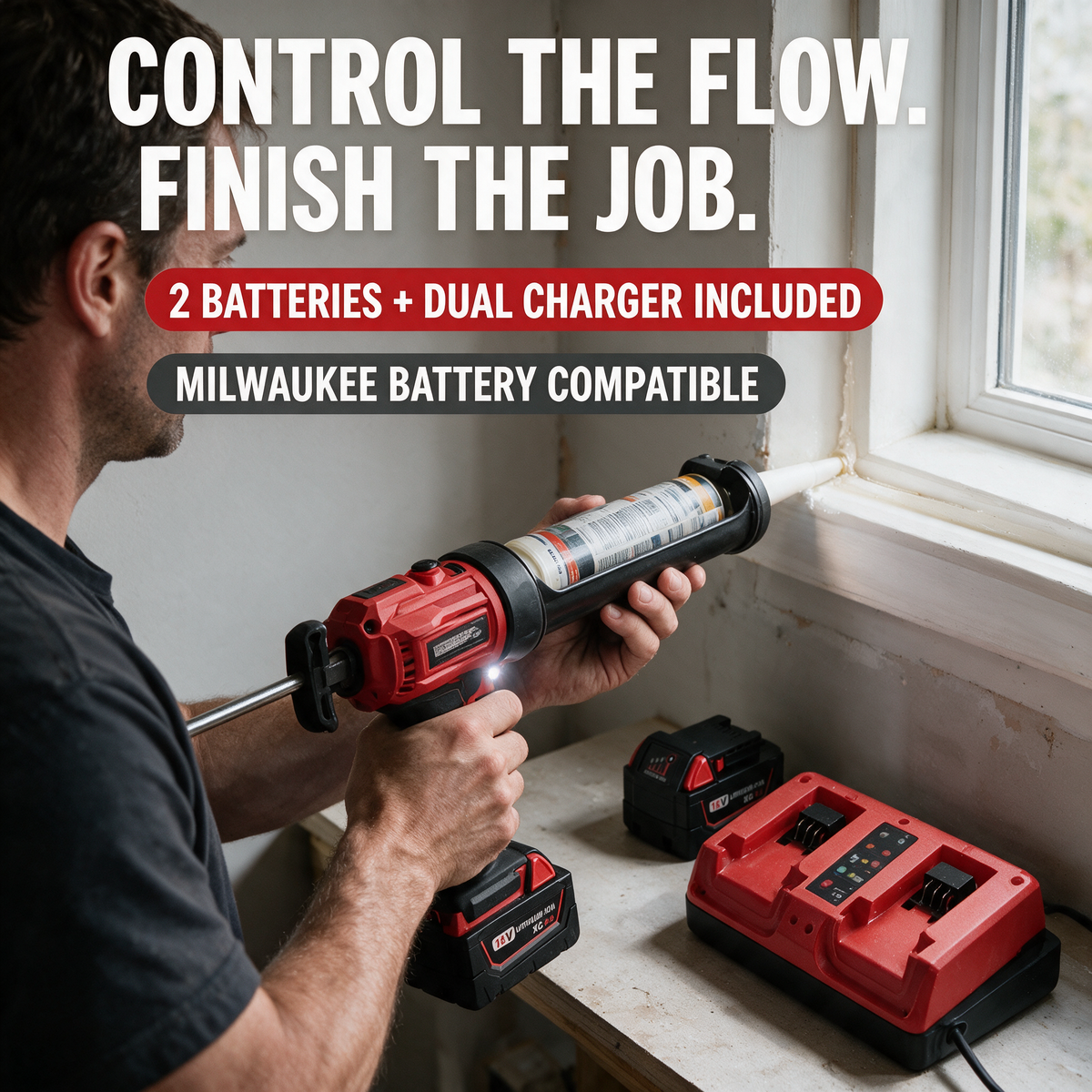 Applying sealant, battery and charger beside – Milwaukee-compatible