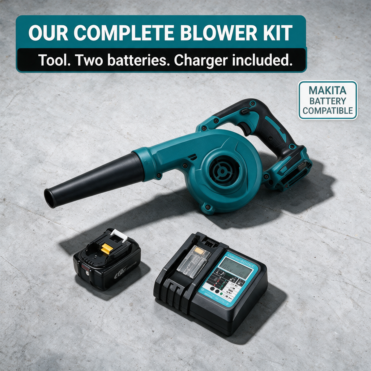 Complete blower kit: tool, 2 batteries and charger – Makita-compatible