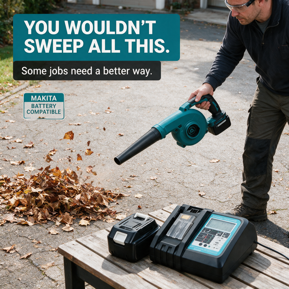 Blowing leaves off a patio – Makita-compatible