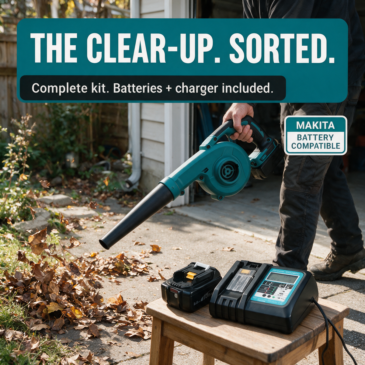 Clearing leaves with the blower, batteries and charger on a bench – Makita-compatible